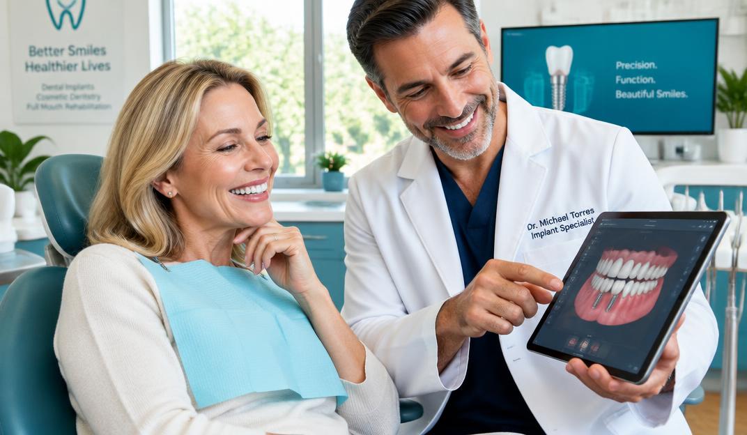 An implant specialist showing a patient their new smile design on a tablet
